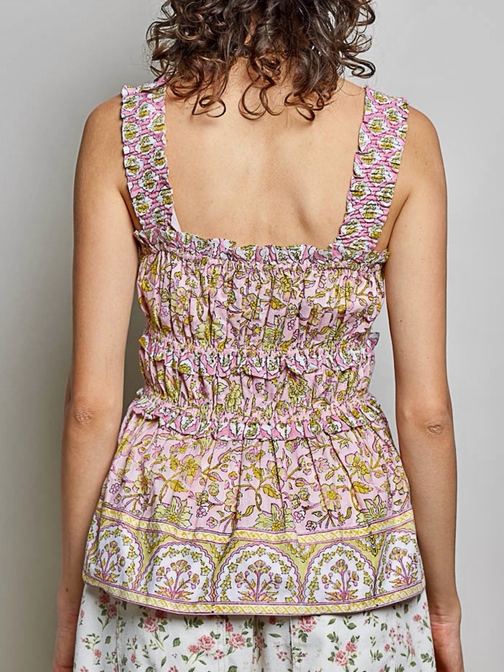 💖Hello Gorgeous! POL Smocked Printed Square Neck Peplum Tank w/Ruffle Trim - Picture 5 of 12